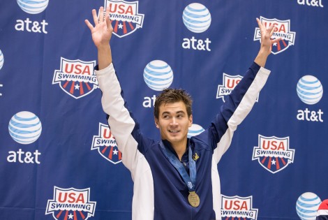 Knoxville, TN - December 7, 2013: Nathan Adrian of the University of California Winner of the Men's 100 Freestyle during the 2013 AT&T Swimming Winter National Championships on December 7, 2013 in Knoxville, Tennessee at the Allan Jones Aquatic Center. Photo By Matthew DeMaria/Tennessee Athletics