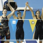 Jul 18, 2015; Toronto, Ontario, CAN; Kelsi Worrell , Katie Meili , Natalie Coughlin and Allison Schmitt of the United States celebrate after winning the women's swimming 4x100m medley final during the 2015 Pan Am Games at Pan Am Aquatics UTS Centre and Field House. Mandatory Credit: Erich Schlegel-USA TODAY Sports