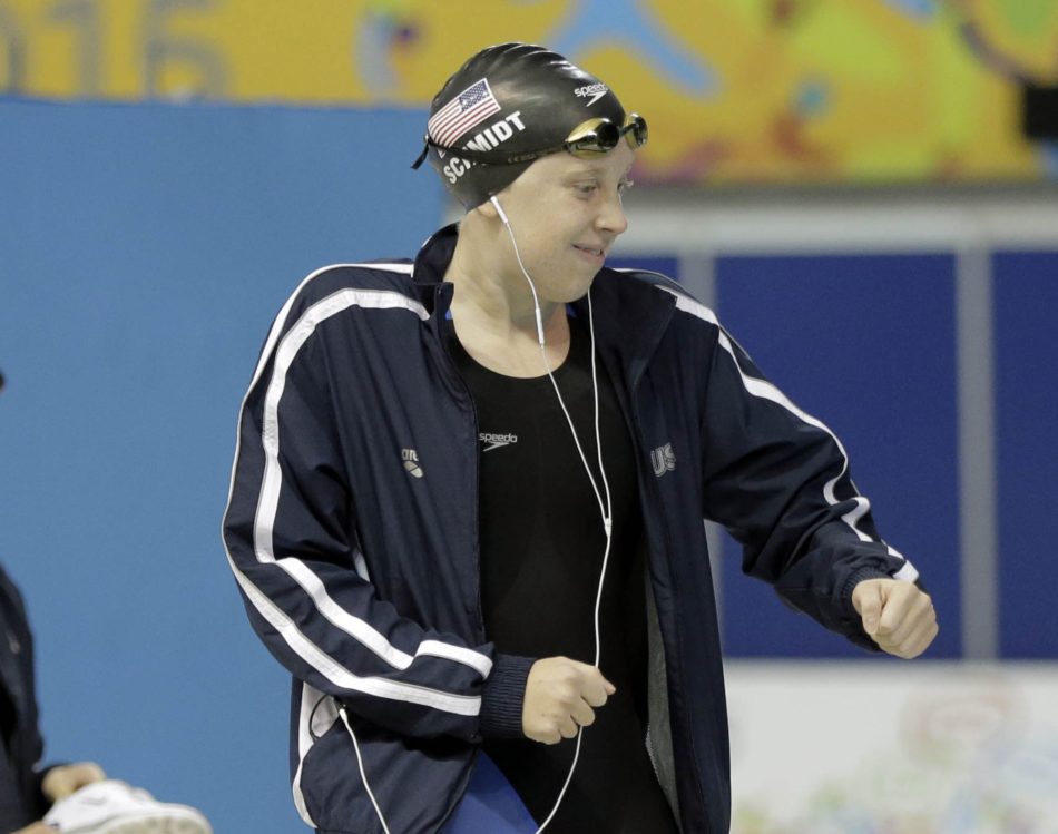 Jul 18, 2015; Toronto, Ontario, CAN; Sierra Schmidt of the United States dances on the pool deck before competing in the women's swimming 800m freestyle final during the 2015 Pan Am Games at Pan Am Aquatics UTS Centre and Field House. Mandatory Credit: Erich Schlegel-USA TODAY Sports