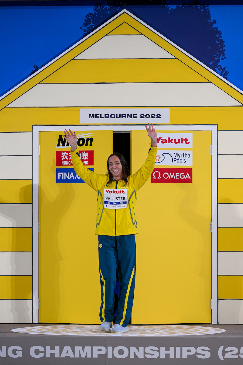 Lani Pallister of Australia reacts after winning the gold medal in the 400m Freestyle Women Final during the FINA Swimming Short Course World Championships at the Melbourne Sports and Aquatic Centre in Melbourne, Australia, December 13th, 2022. Photo Giorgio Scala / Deepbluemedia / Insidefoto