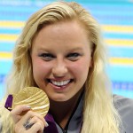 Sep 6, 2012; London, United Kingdom; Jessica Long (USA) collects her gold medal for the women's 100m freestyle S8 final during the London 2012 Paralympic Games at Aquatics Centre. Mandatory Credit: Paul Cunningham-USA TODAY Sports