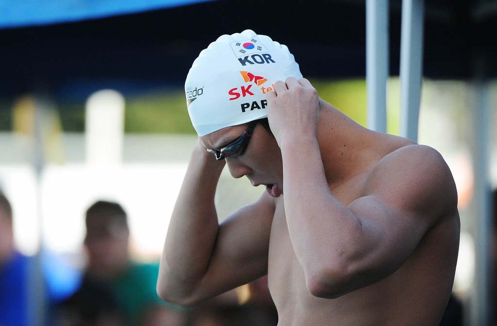 June 18, 2011; Santa Clara, CA, USA; Tae-Hwan Park (KOR) prepares before the men's 200-meter freestyle finals in the Santa Clara international grand prix at the George F. Haines International Swim Center. Mandatory Credit: Kyle Terada-USA TODAY Sports