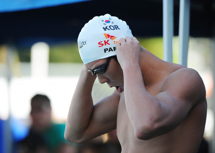 June 18, 2011; Santa Clara, CA, USA; Tae-Hwan Park (KOR) prepares before the men's 200-meter freestyle finals in the Santa Clara international grand prix at the George F. Haines International Swim Center. Mandatory Credit: Kyle Terada-USA TODAY Sports