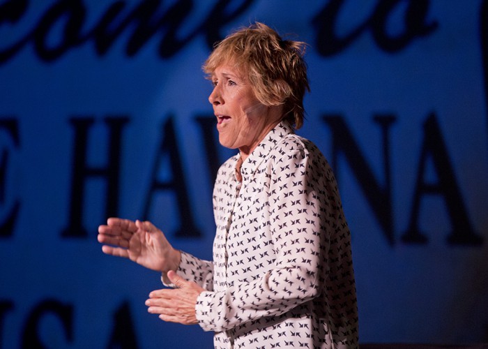 Endurance swimmer Diana Nyad performs Thursday, Feb. 19, 2015, during her one-woman play that re-creates her 111-mile swim from Cuba to Key West in a Key West, Fla., theater near the beach where she concluded the record-setting feat in September 2013. "Onward! The Diana Nyad Story," written and performed live by Nyad, opened Thursday night at The Studios of Key West and continues there through Sunday, Feb. 22. FOR EDITORIAL USE ONLY (Rob O'Neal/Florida Keys News Bureau/HO)