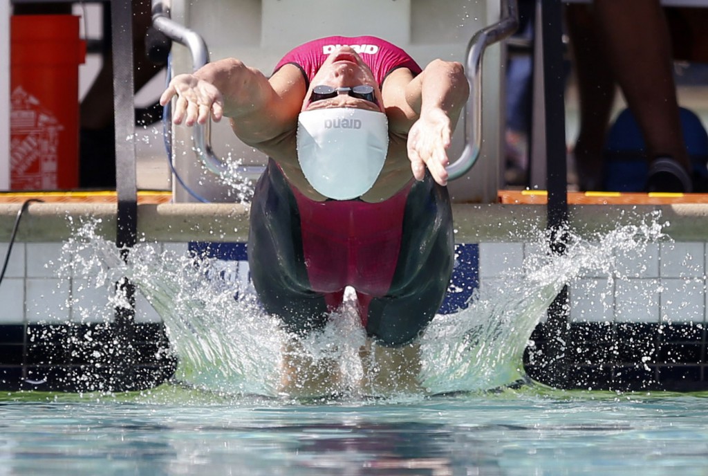 Jun 20, 2015; Santa Clara, CA, USA; Katink Hosszu (HUN) at the start of the Women 100M Backstroke Prelim during the morning session at the George F. Haines International Swim Center in Santa Clara, Calif. Mandatory Credit: Bob Stanton-USA TODAY Sports