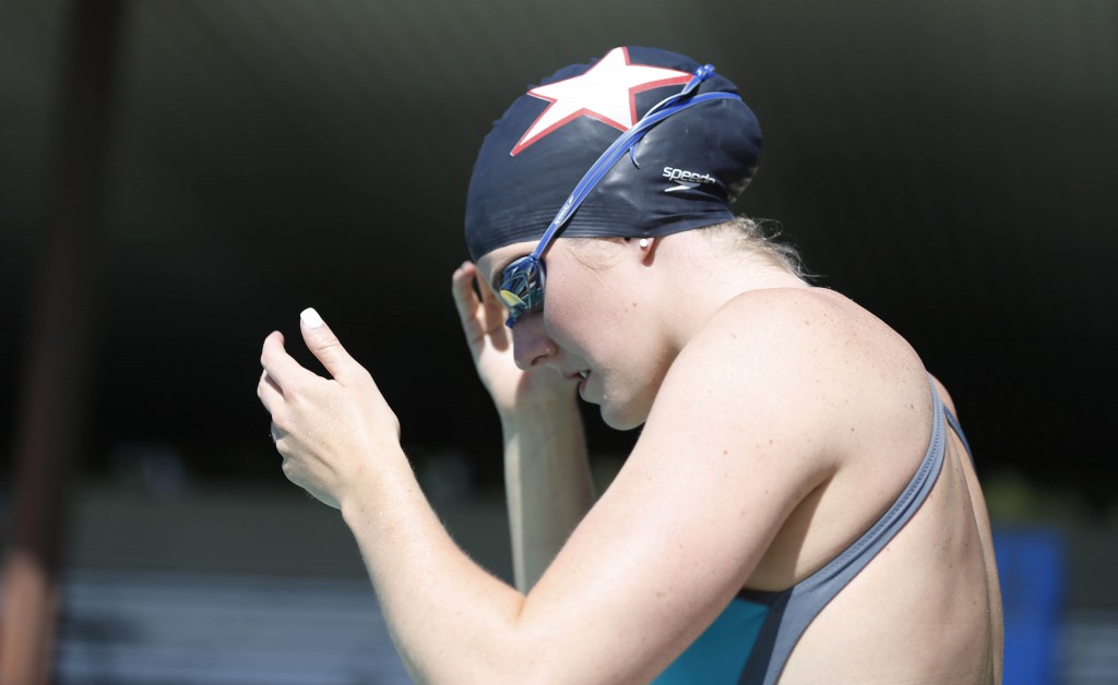 Jun 18, 2015; Santa Clara, CA, USA; Missy Franklin (USA) prepares to start her warm up session during Day One of the Arena Pro Series at Santa Clara, at the George F. Haines International Swim Center in Santa Clara, Calif. Mandatory Credit: Bob Stanton-USA TODAY Sports