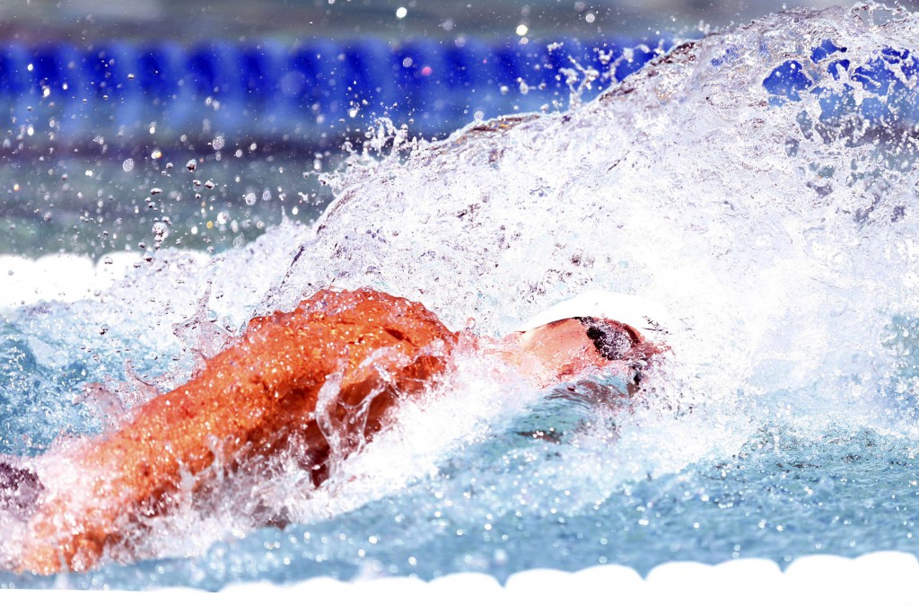 Jun 21, 2015; Santa Clara, CA, USA; Nathan Adrian (USA) was the fastest qualifier in the Men's 100M Freestyle during the morning session of day four at the George F. Haines International Swim Center in Santa Clara, Calif. Mandatory Credit: Bob Stanton-USA TODAY Sports