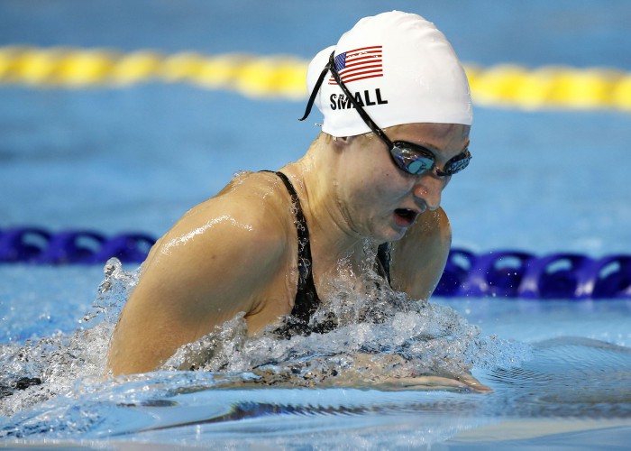 Jul 15, 2015; Toronto, Ontario, CAN; Meghan Small of the United States competes in the women's 200m breaststroke preliminary heat during the 2015 Pan Am Games at Pan Am Aquatics UTS Centre and Field House. Mandatory Credit: Rob Schumacher-USA TODAY Sports