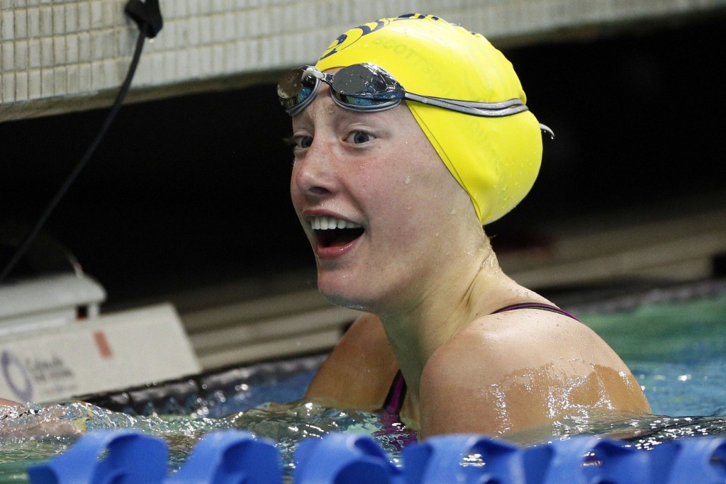 Jan 16, 2016; Austin, TX, USA; Taylor Ruck reacts after winning the women's 200 meter free final during the 2016 Arena Pro Swim Series at Lee & Joe Jamail Texas Swimming Center. Mandatory Credit: Soobum Im-USA TODAY Sports