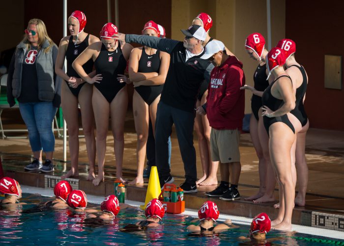 STANFORD, CA - February 4, 2018: Team at Avery Aquatic Center. The Stanford Cardinal defeated Long Beach State 14-2.