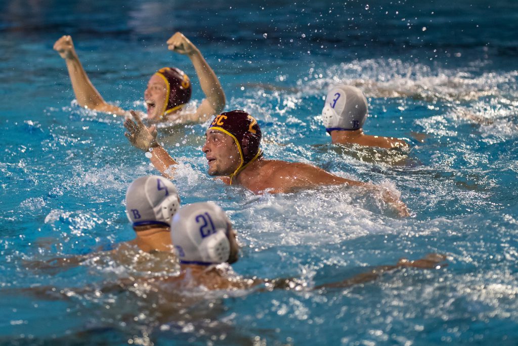 December 1, 2018; , Palo Alto, CA, USA; Collegiate Men's Water Polo:NCAA Semi Finals: USC vs UCLA; USC 2 Meter Sam Slobodien after scoring the game winning goal Photo credit: Catharyn Hayne