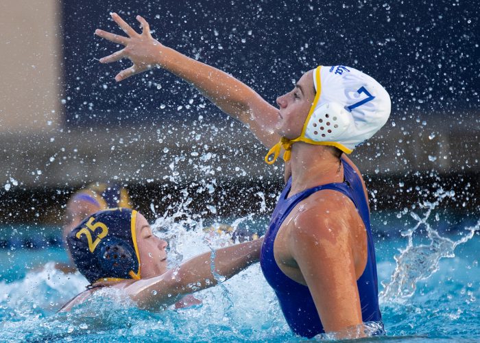 January 27, 2019; Spieker Aquatics Center, Berkeley, CA, USA; Womens Water Polo:Cal Cup : California Golden Bears vs UCLA Bruins Exhibition Game; UCLA Attacker Maddie Musselman guarded by California Attacker Georgia Bogle Photo credit: Catharyn Hayne