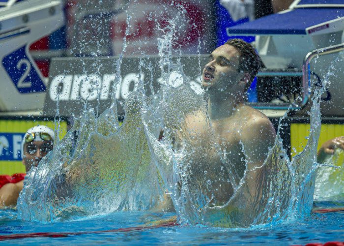 Kristof Milak of Hungary celebrates after winning in the men's 200m Butterfly Final during the Swimming events at the Gwangju 2019 FINA World Championships, Gwangju, South Korea, 24 July 2019.