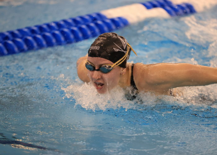 GREENSBORO, NC - MARCH 19: Swimmers competes in the Women’s 100 Yard Butterfly on day three of the Division I Women’s Swimming & Diving Championships held at the Greensboro Aquatic Center on March 19, 2021 in Greensboro, North Carolina. (Photo by Carlos Morales/NCAA Photos via Getty Images)