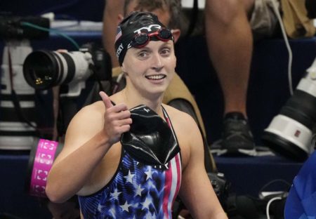 Jul 31, 2021; Tokyo, Japan; Katie Ledecky (USA) after winning the women's 800m freestyle final during the Tokyo 2020 Olympic Summer Games at Tokyo Aquatics Centre. Mandatory Credit: Rob Schumacher-USA TODAY Sports